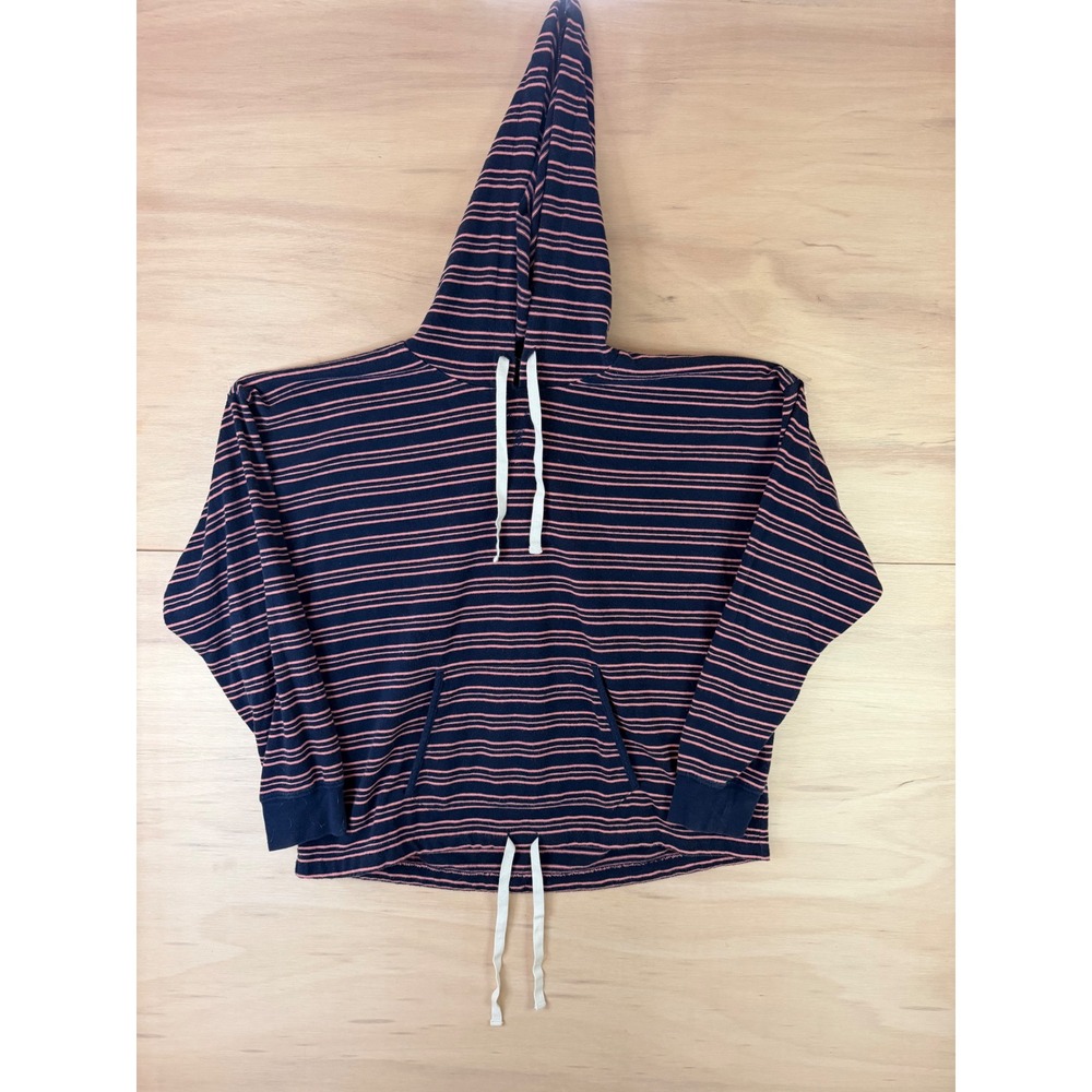 J.Crew Women XL Navy Blue Pink Striped Hooded Pullover Sweatshirt Drawstring Hem